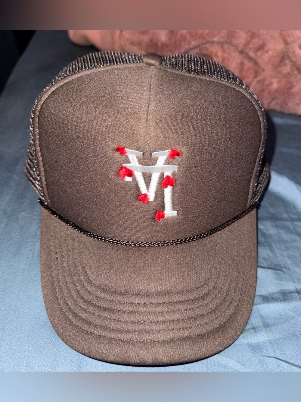 Brown  Hat with White & Red Embroidered Logo LA